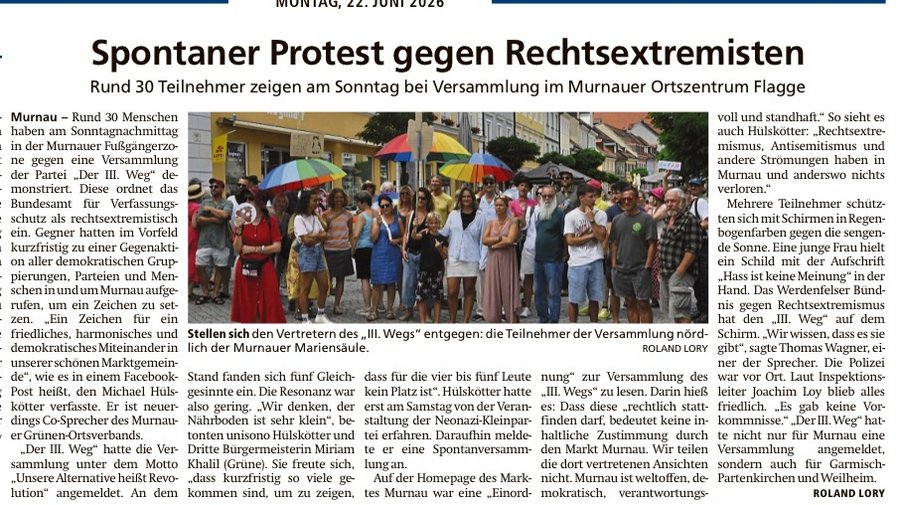 Murnauer Tagblatt zur Gegendemo am 21.6.2026 Murnauer Tagblatt zur Gegendemo am 21.6.2026